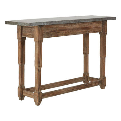 Grey Metal Top Console Table with Carved Wooden Legs