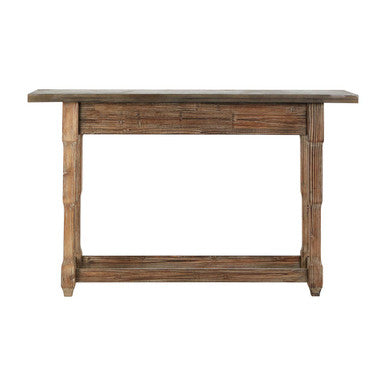 Grey Metal Top Console Table with Carved Wooden Legs