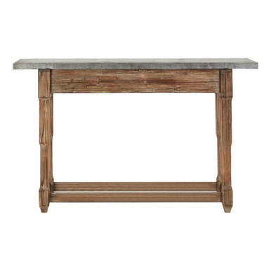 Grey Metal Top Console Table with Carved Wooden Legs