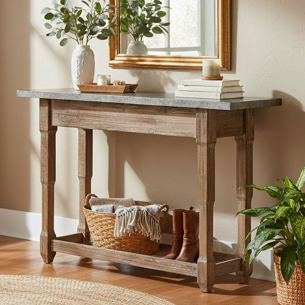 Grey Metal Top Console Table with Carved Wooden Legs