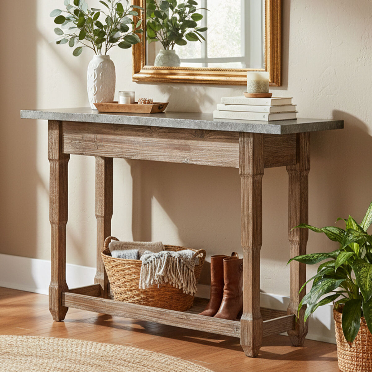 Grey Metal Top Console Table with Carved Wooden Legs