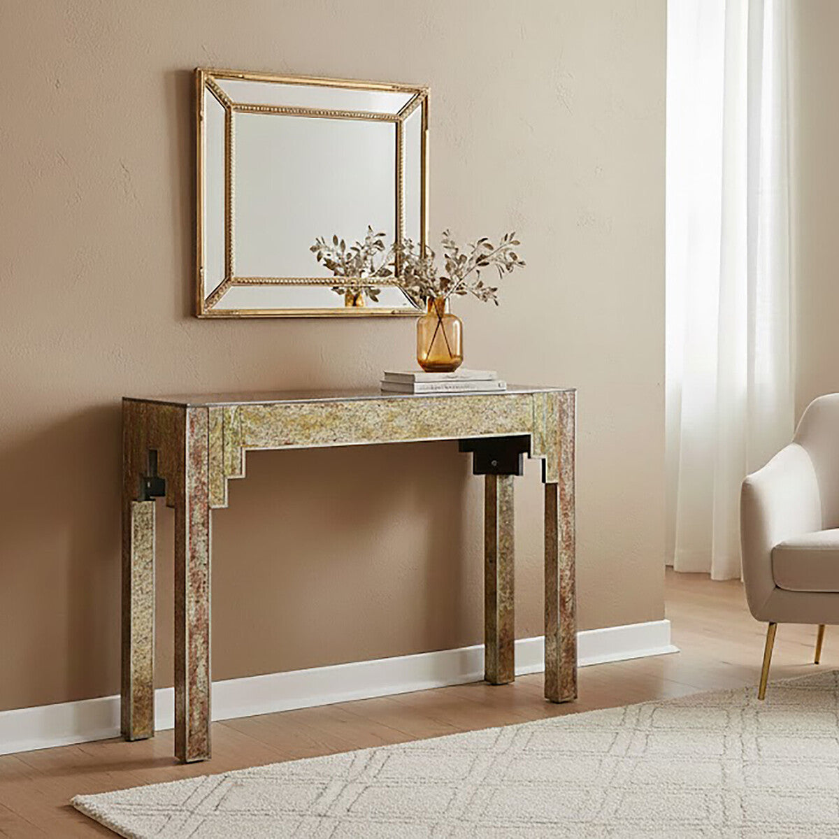 Antique Gold Deco Console Table with Metal Frame