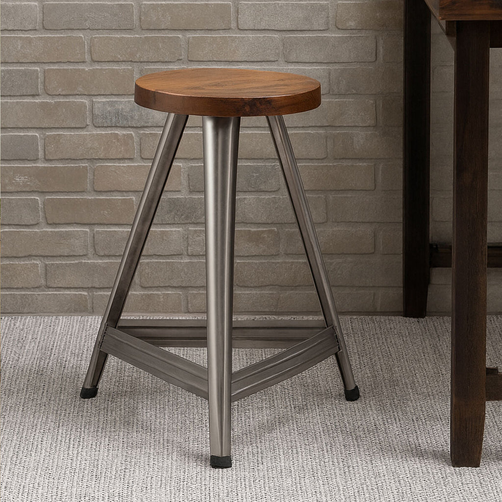 Large Stool in Silver and Natural Wood