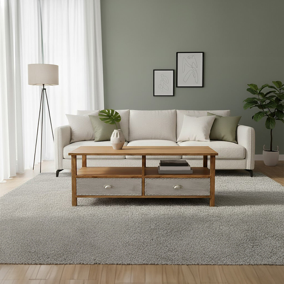 Natural Wood Grain Coffee Table with Aluminium Detailing and Storage