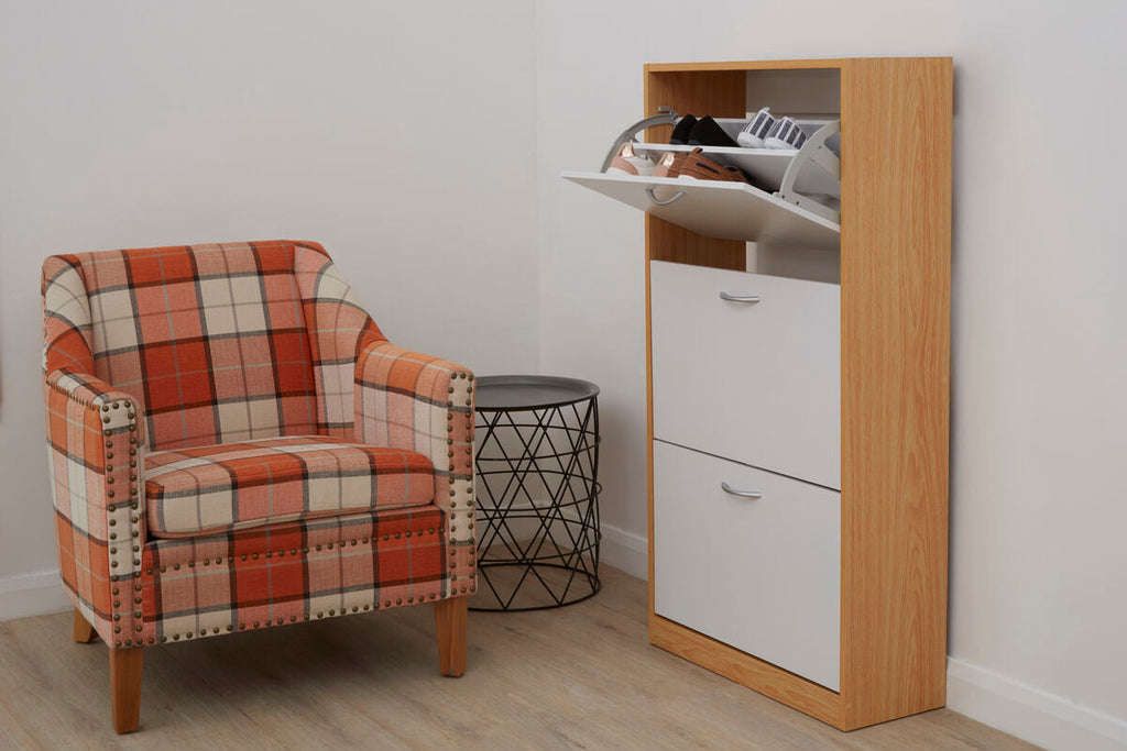 White and Oak Shoe Cupboard with 3 Drawers