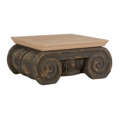 Natural Wood Coffee Table with Distressed Charcoal Grey Ornate Base