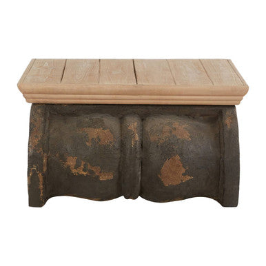 Natural Wood Coffee Table with Distressed Charcoal Grey Ornate Base
