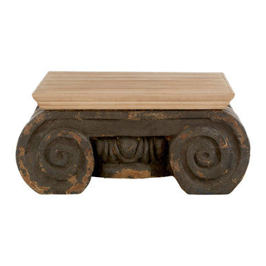 Natural Wood Coffee Table with Distressed Charcoal Grey Ornate Base