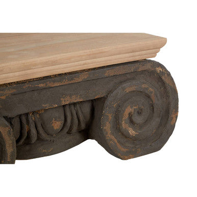 Natural Wood Coffee Table with Distressed Charcoal Grey Ornate Base