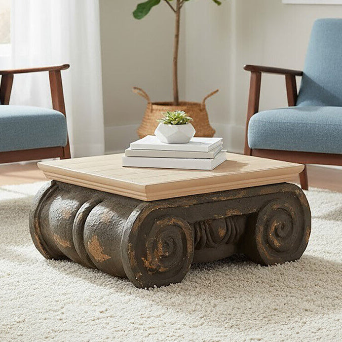 Natural Wood Coffee Table with Distressed Charcoal Grey Ornate Base