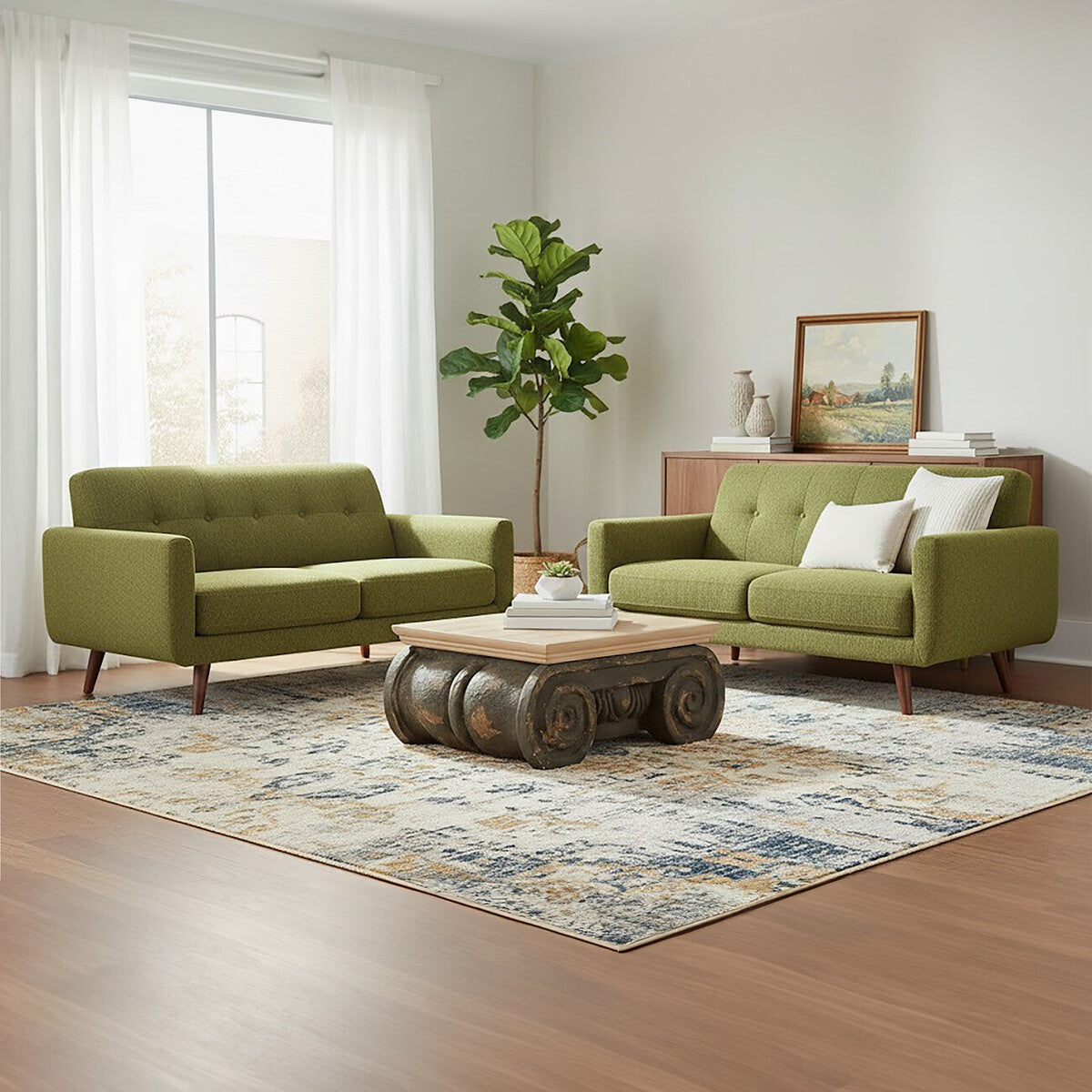 Natural Wood Coffee Table with Distressed Charcoal Grey Ornate Base