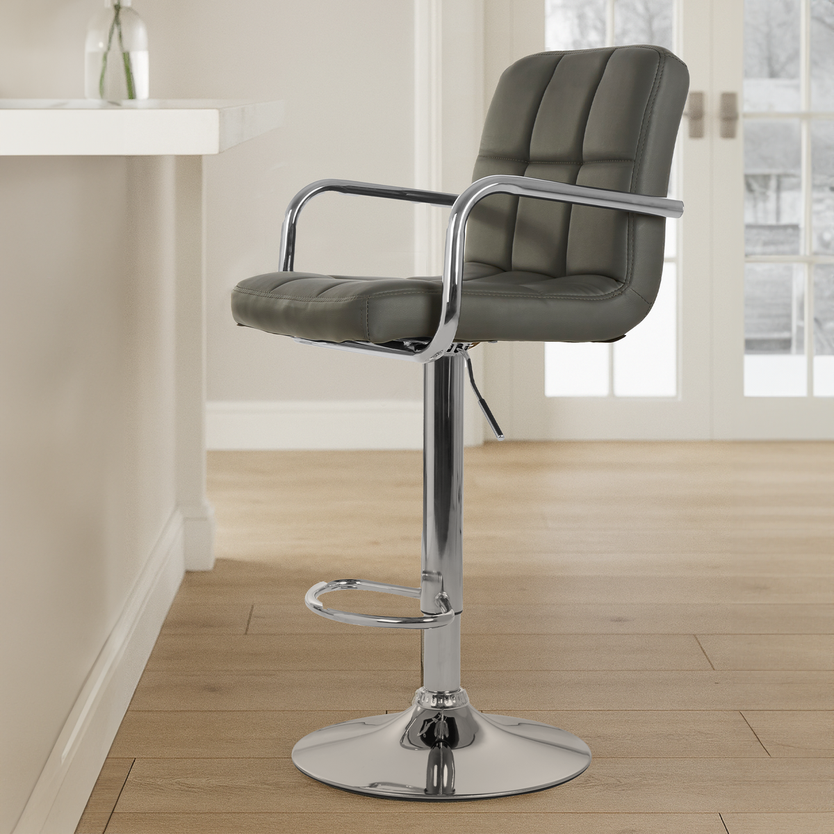 Grey Leather Effect Bar Chair with Gas Lift