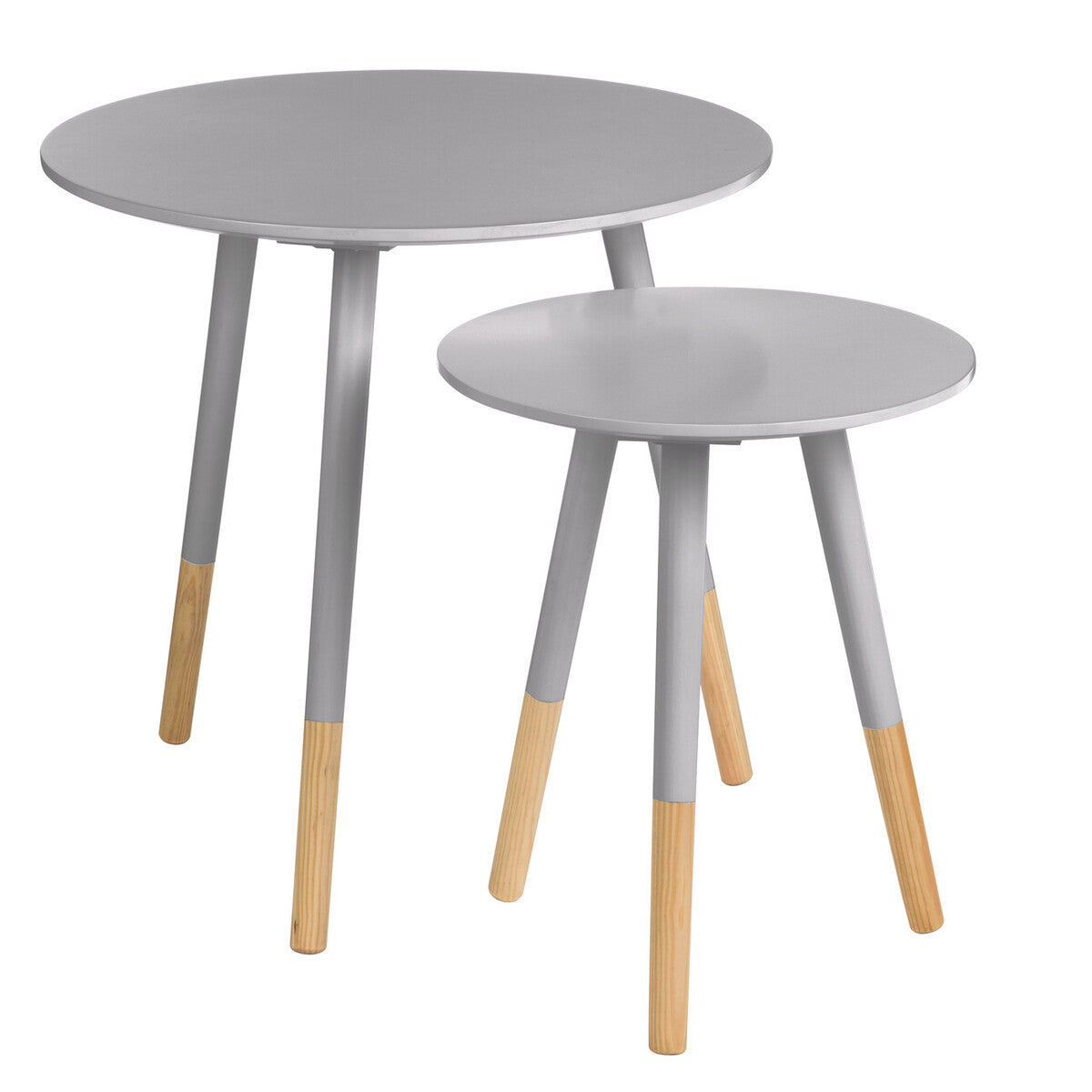 Set of 2 Grey Round Nesting Side Tables with Natural Wood Legs