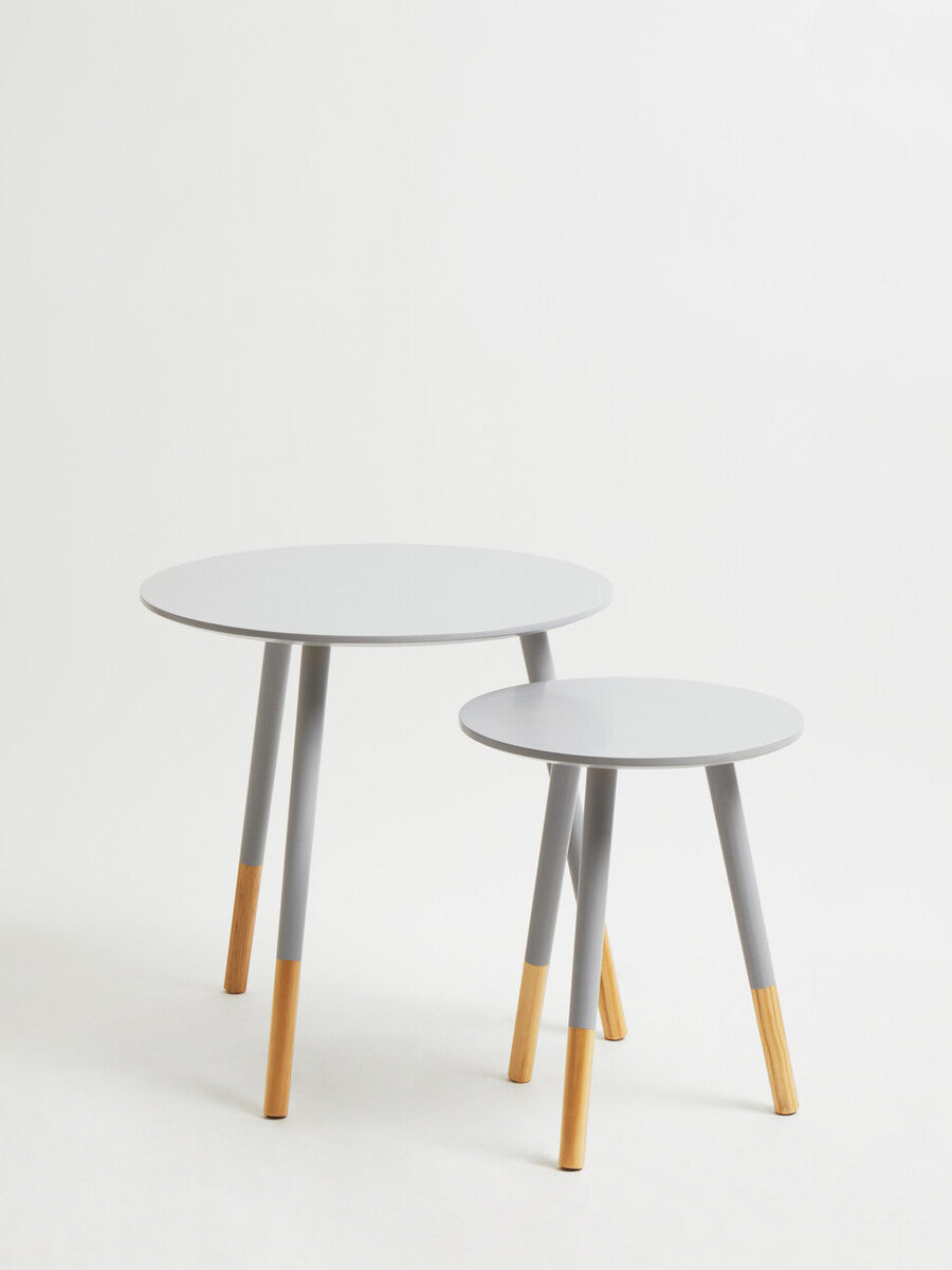 Set of 2 Grey Round Nesting Side Tables with Natural Wood Legs