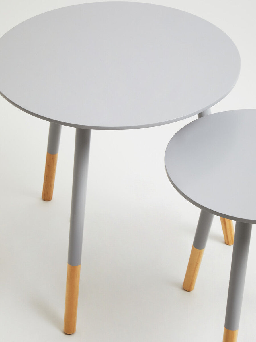 Set of 2 Grey Round Nesting Side Tables with Natural Wood Legs