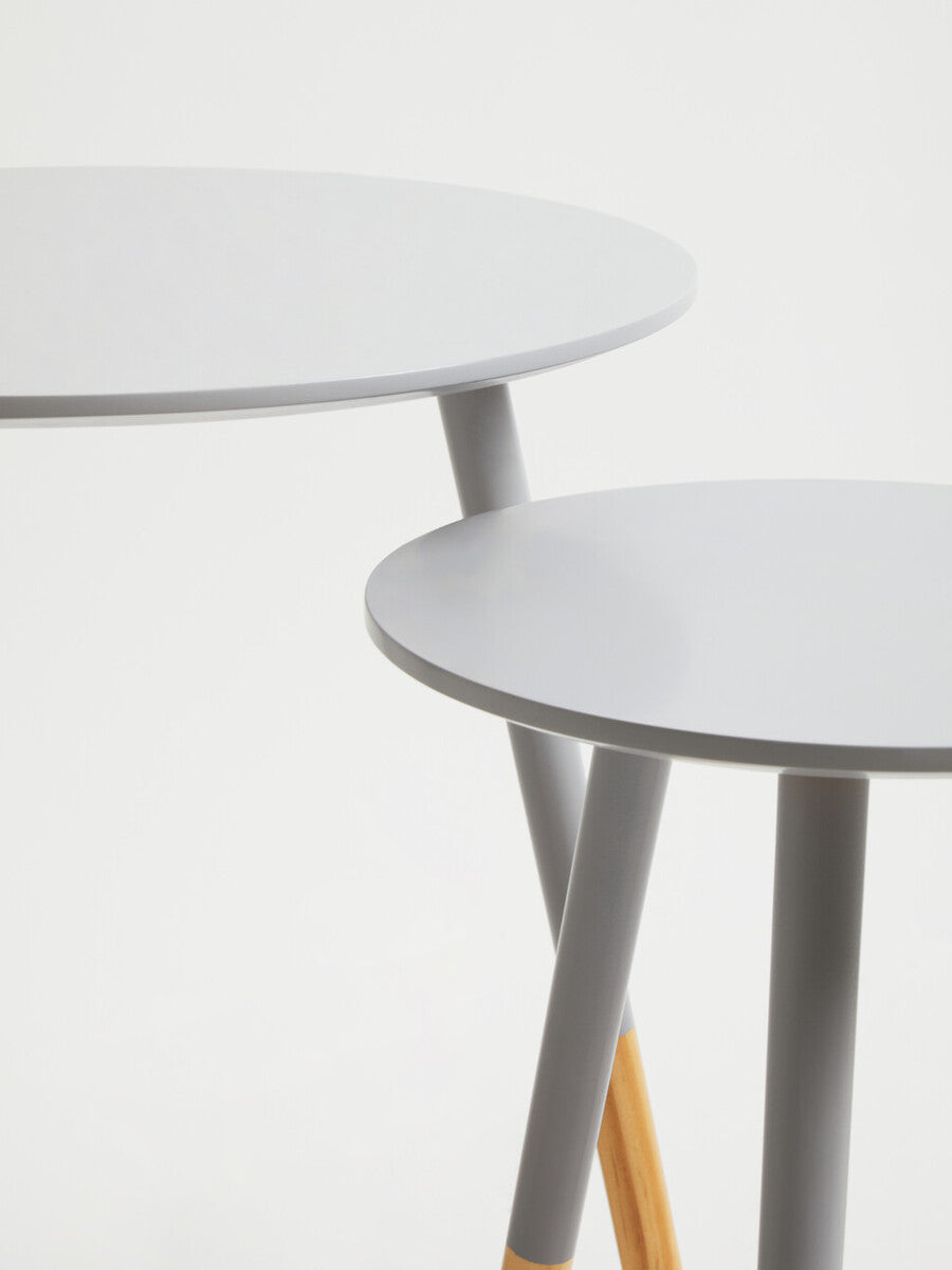 Set of 2 Grey Round Nesting Side Tables with Natural Wood Legs