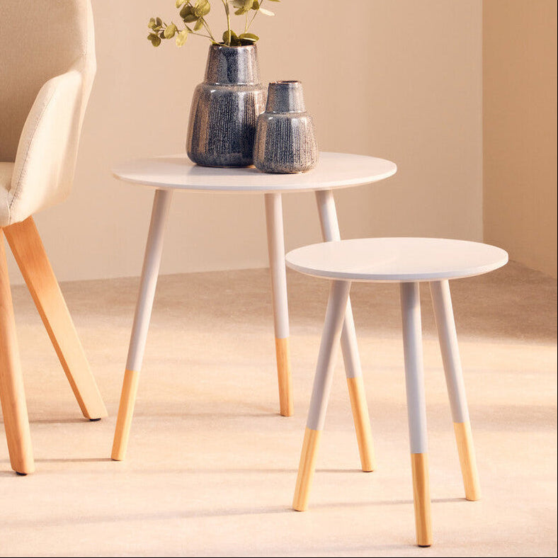 Set of 2 Grey Round Nesting Side Tables with Natural Wood Legs