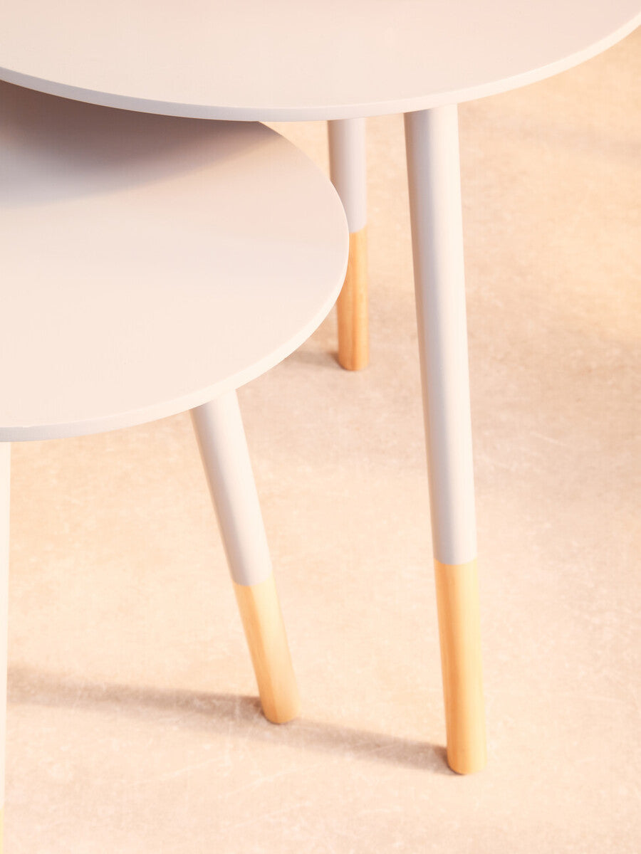 Set of 2 Grey Round Nesting Side Tables with Natural Wood Legs