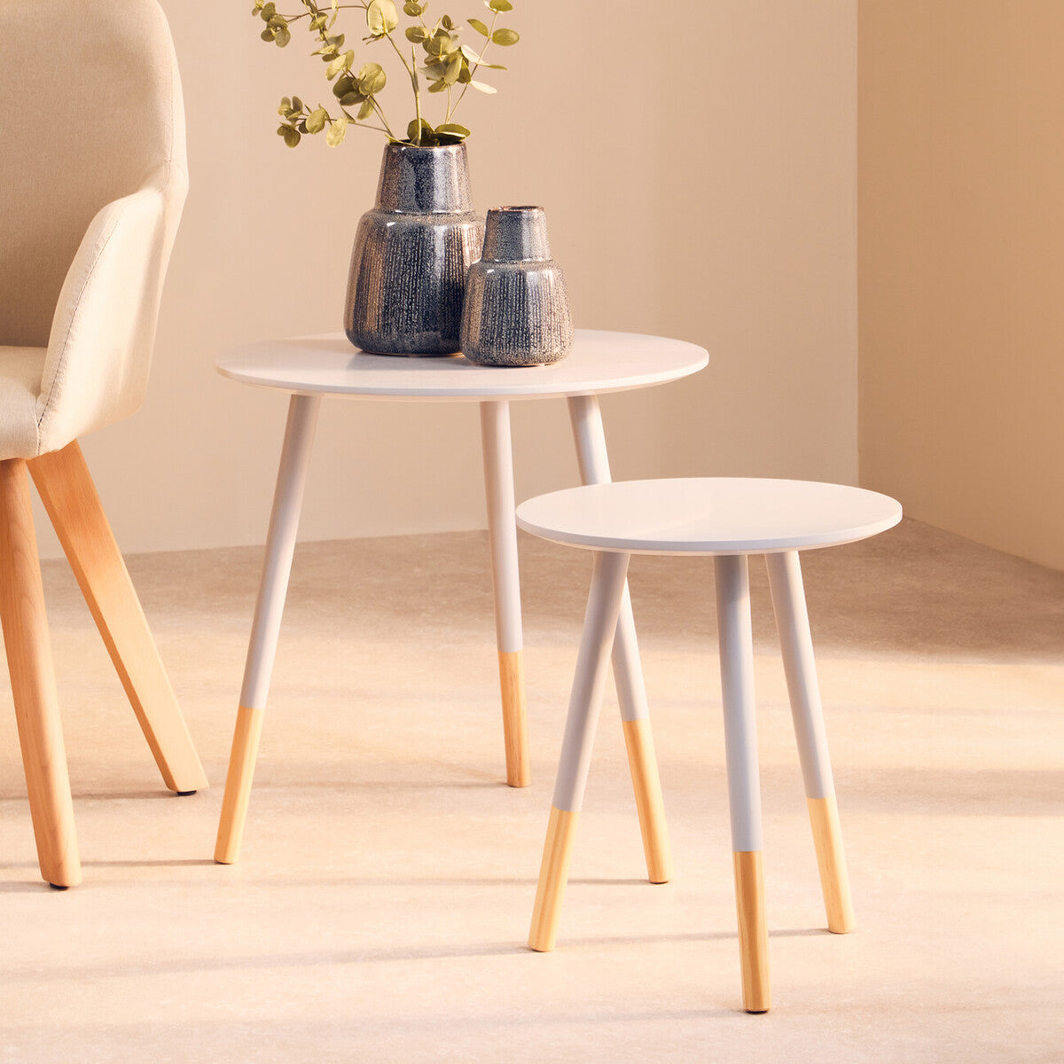 Set of 2 Grey Round Nesting Side Tables with Natural Wood Legs