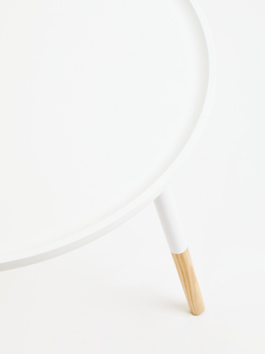 White Round Side Table with Natural Wood Feet