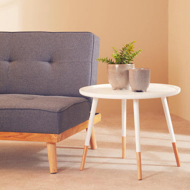 White Round Side Table with Natural Wood Feet