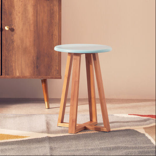 Blue and Natural Bamboo Round Stool