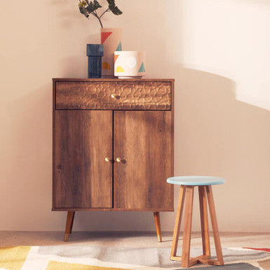 Blue and Natural Bamboo Round Stool