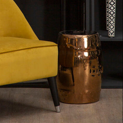 Gold Copper Dolomite Side Table and Stool with Embossed Detailing