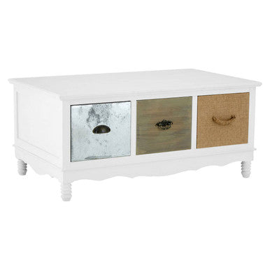 White Coffee Table with Three Drawers and Mixed Handles