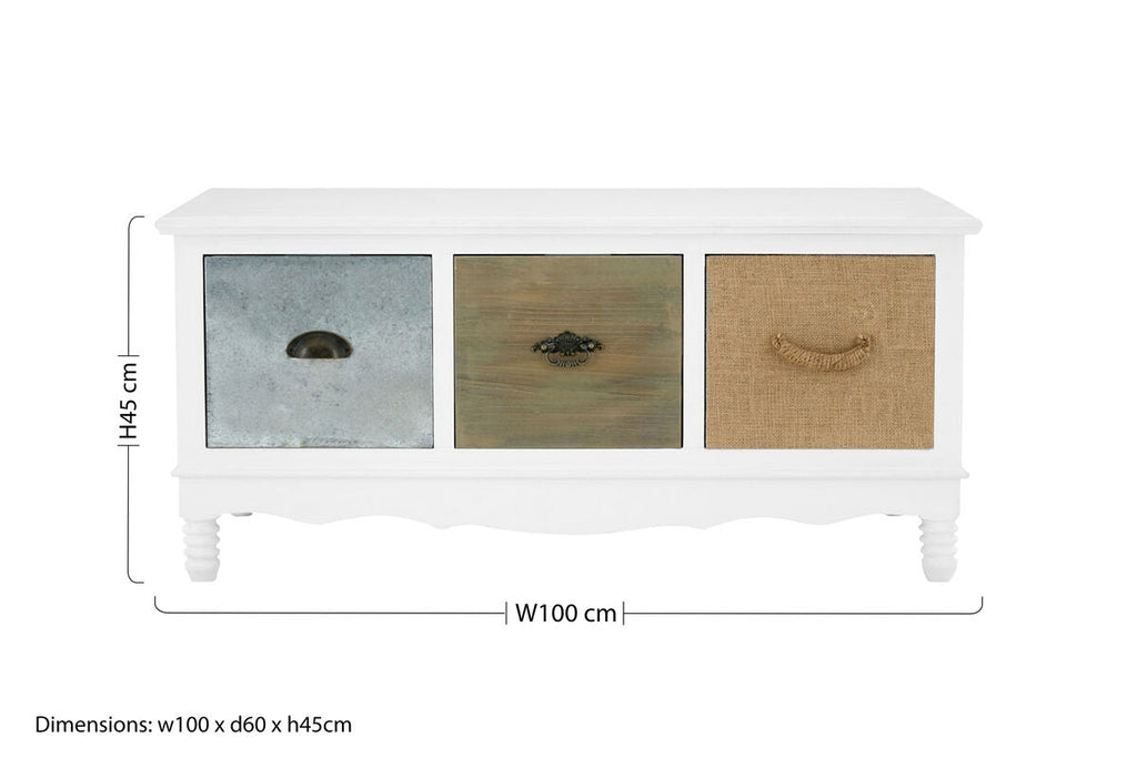 White Coffee Table with Three Drawers and Mixed Handles