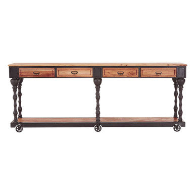 Natural Wooden 4 Drawer Console Table with Black Metal Legs