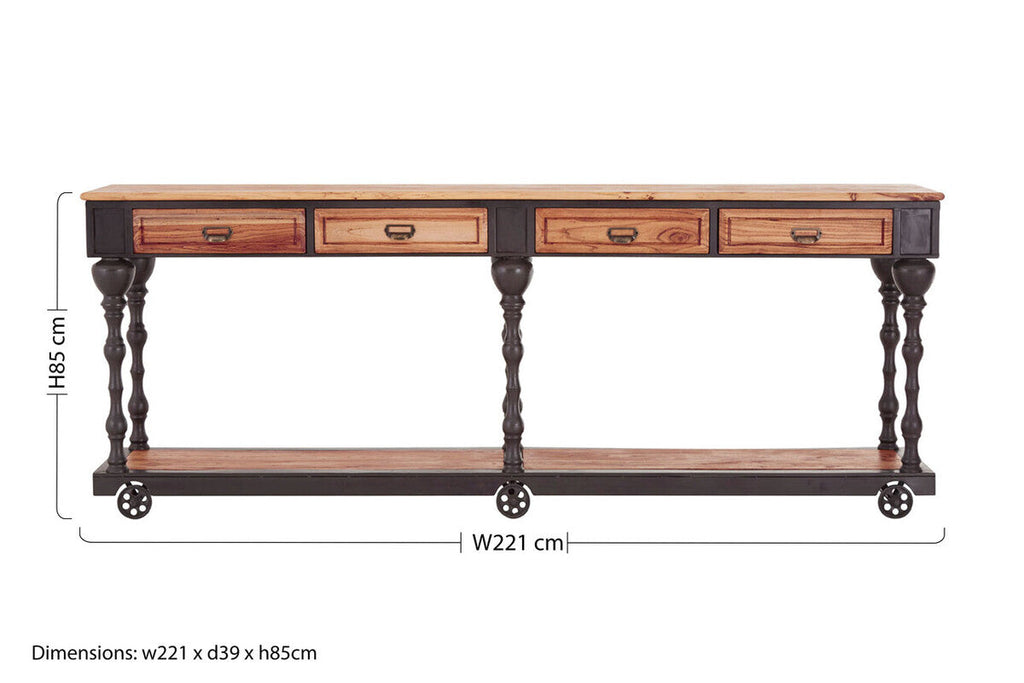 Natural Wooden 4 Drawer Console Table with Black Metal Legs