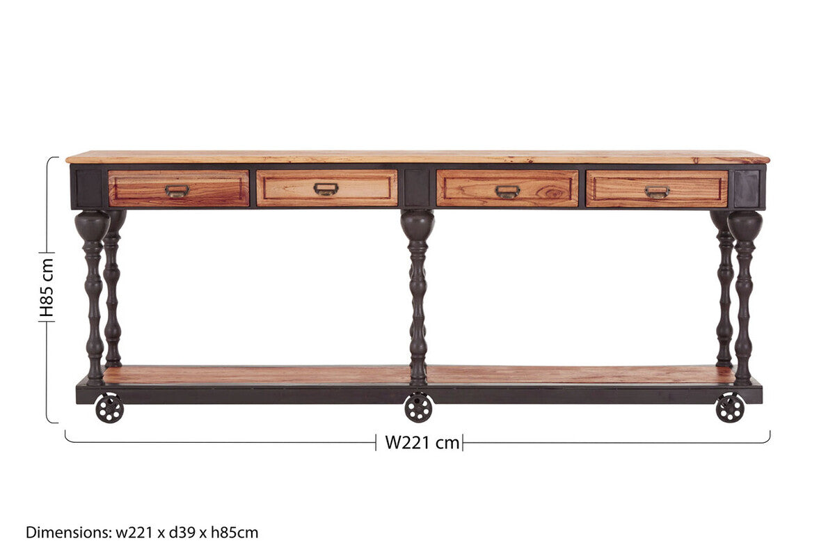 Natural Wooden 4 Drawer Console Table with Black Metal Legs