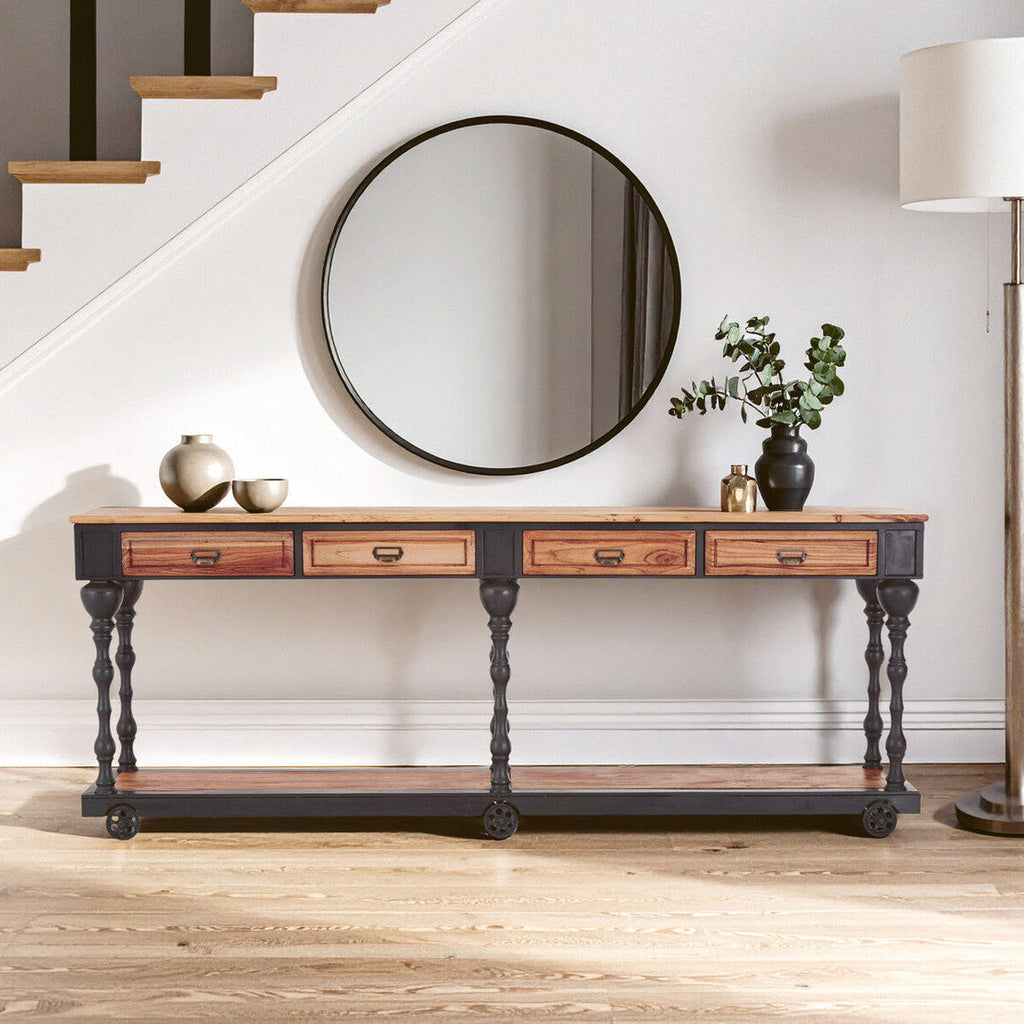 Natural Wooden 4 Drawer Console Table with Black Metal Legs