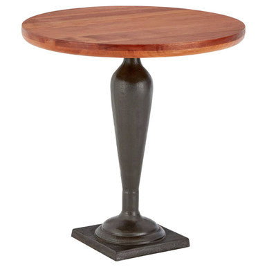 Round Side Table with Brown Metal Base and Wooden Top
