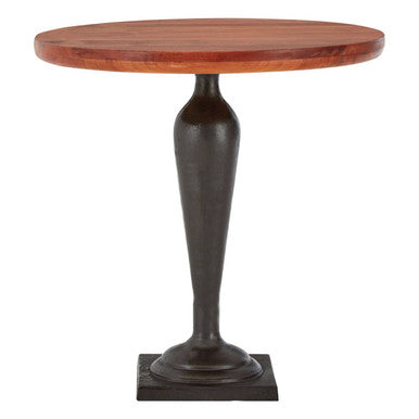 Round Side Table with Brown Metal Base and Wooden Top