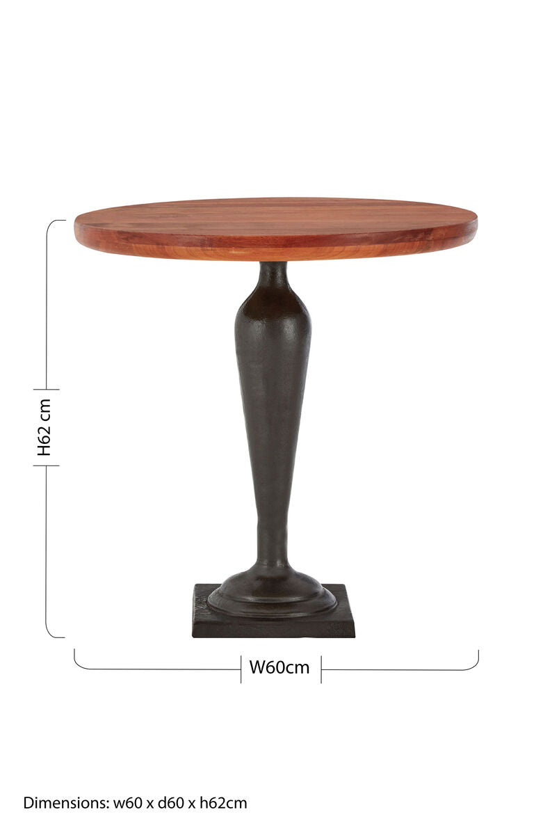 Round Side Table with Brown Metal Base and Wooden Top