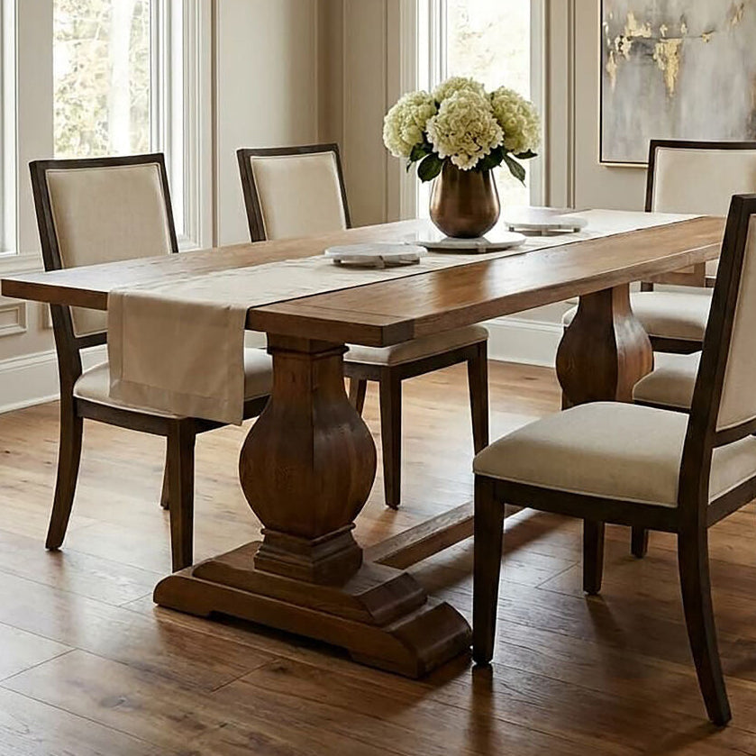 Warm Brown Oak Wooden Dining Table with Sculpted Chunky Legs