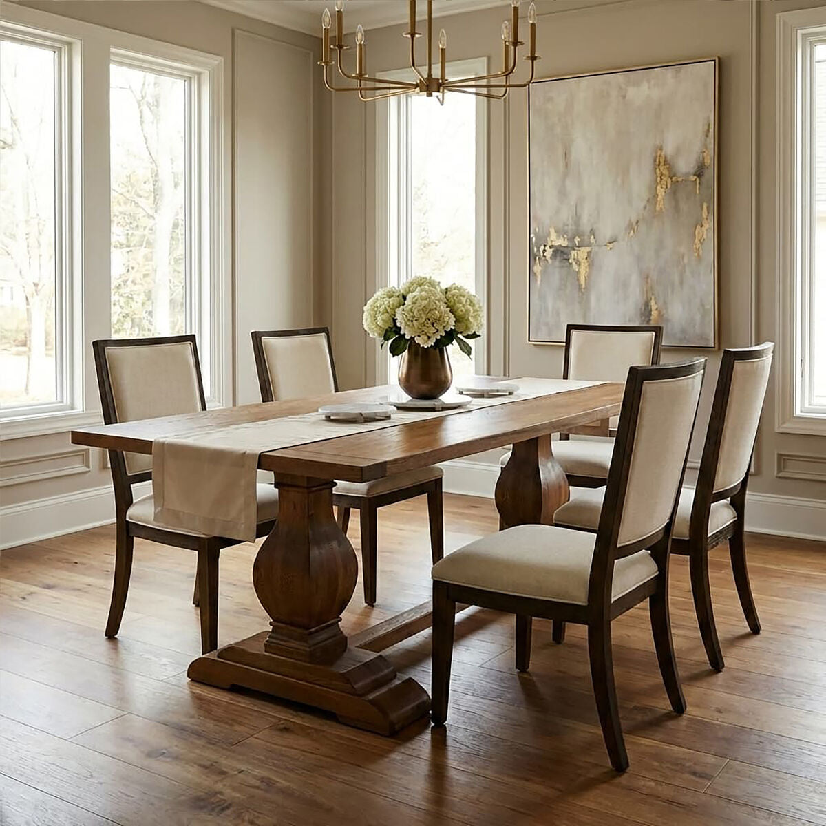 Warm Brown Oak Wooden Dining Table with Sculpted Chunky Legs
