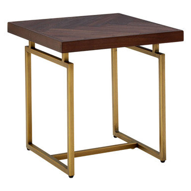 Brown Acacia Wood Effect Herringbone Side Table with Antique Brass Frame