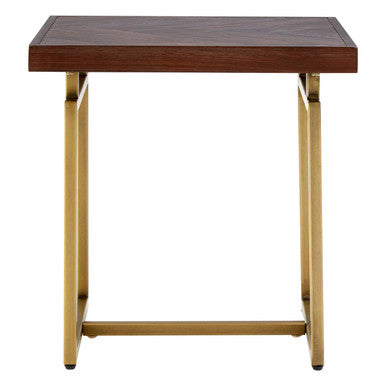 Brown Acacia Wood Effect Herringbone Side Table with Antique Brass Frame