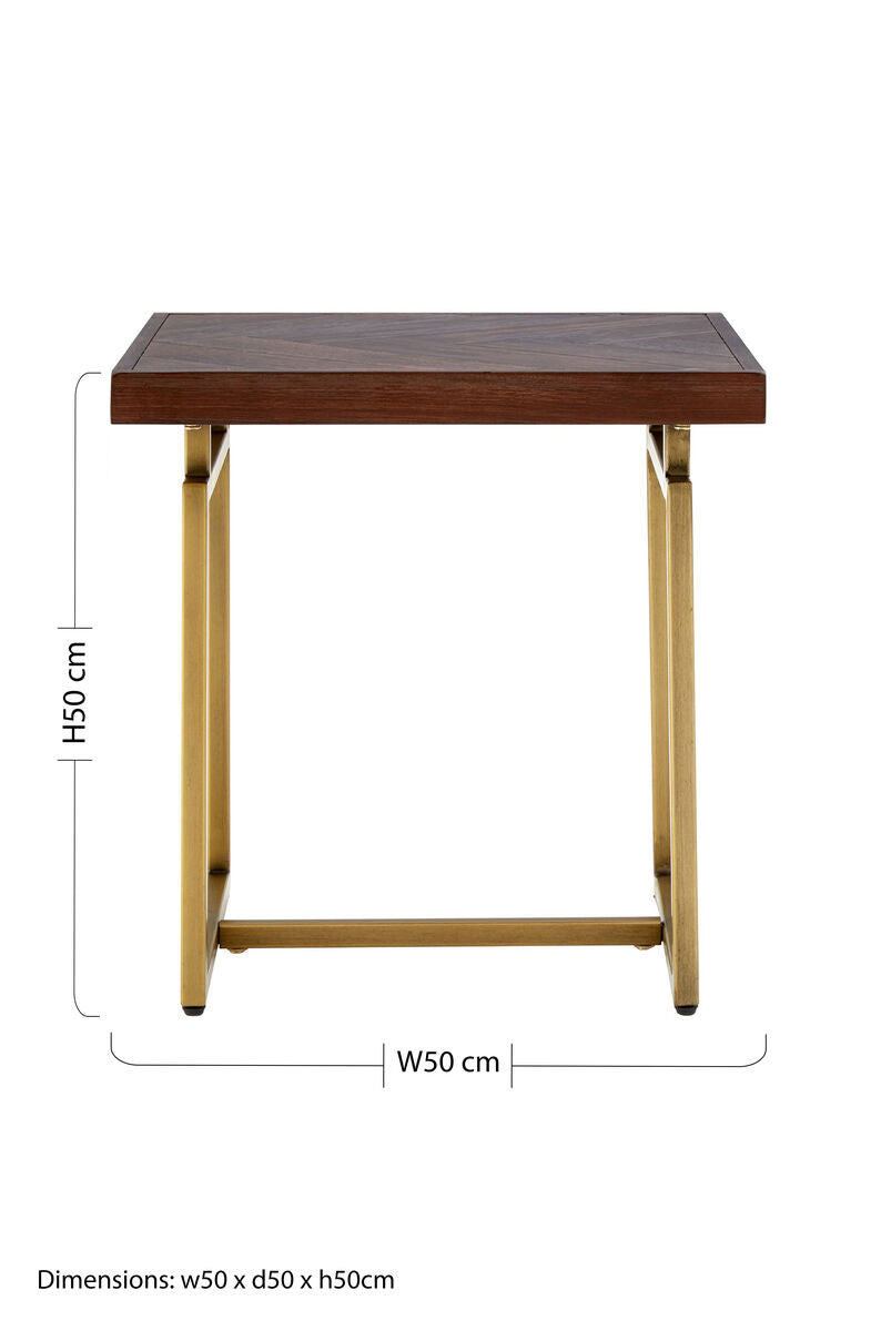 Brown Acacia Wood Effect Herringbone Side Table with Antique Brass Frame