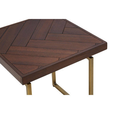 Brown Acacia Wood Effect Herringbone Side Table with Antique Brass Frame