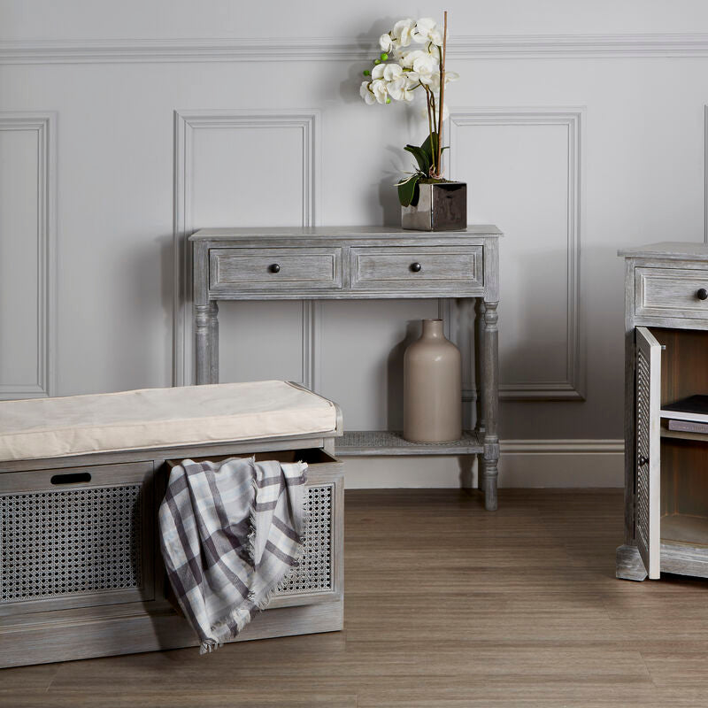 Grey Wash Pine Wood Console Table with 2 Drawers