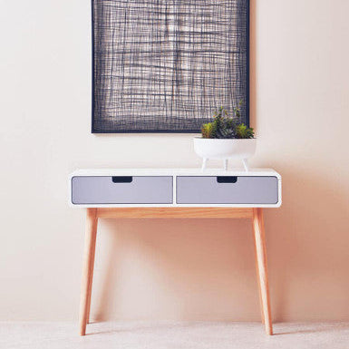 White and Grey Console Table with Natural Pine Legs