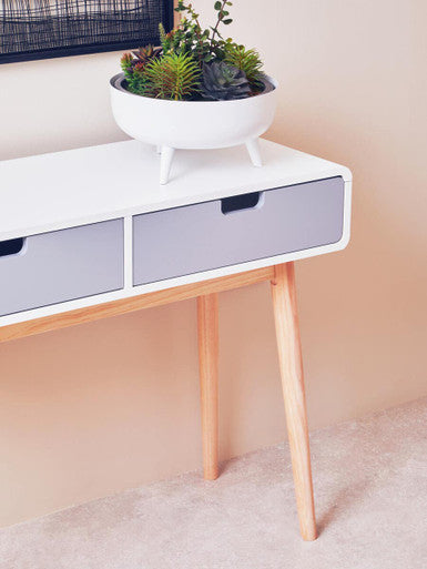 White and Grey Console Table with Natural Pine Legs