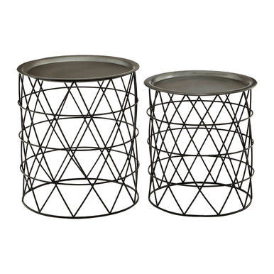 Set of Two Round Zinc Top Coffee Tables with Black Iron Bases