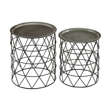 Set of Two Round Zinc Top Coffee Tables with Black Iron Bases