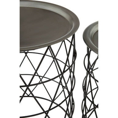 Set of Two Round Zinc Top Coffee Tables with Black Iron Bases