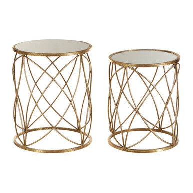 Set of 2 Round Mirrored Glass Top Side Tables with Gold Metal Frame